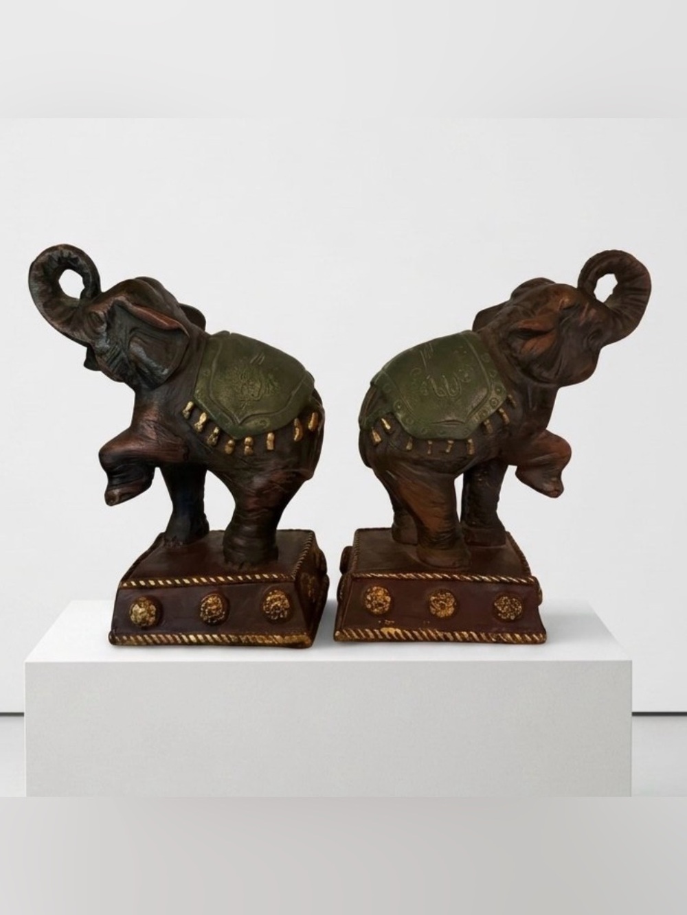 Vintage Pair of Brown and Green Elephant Bookends